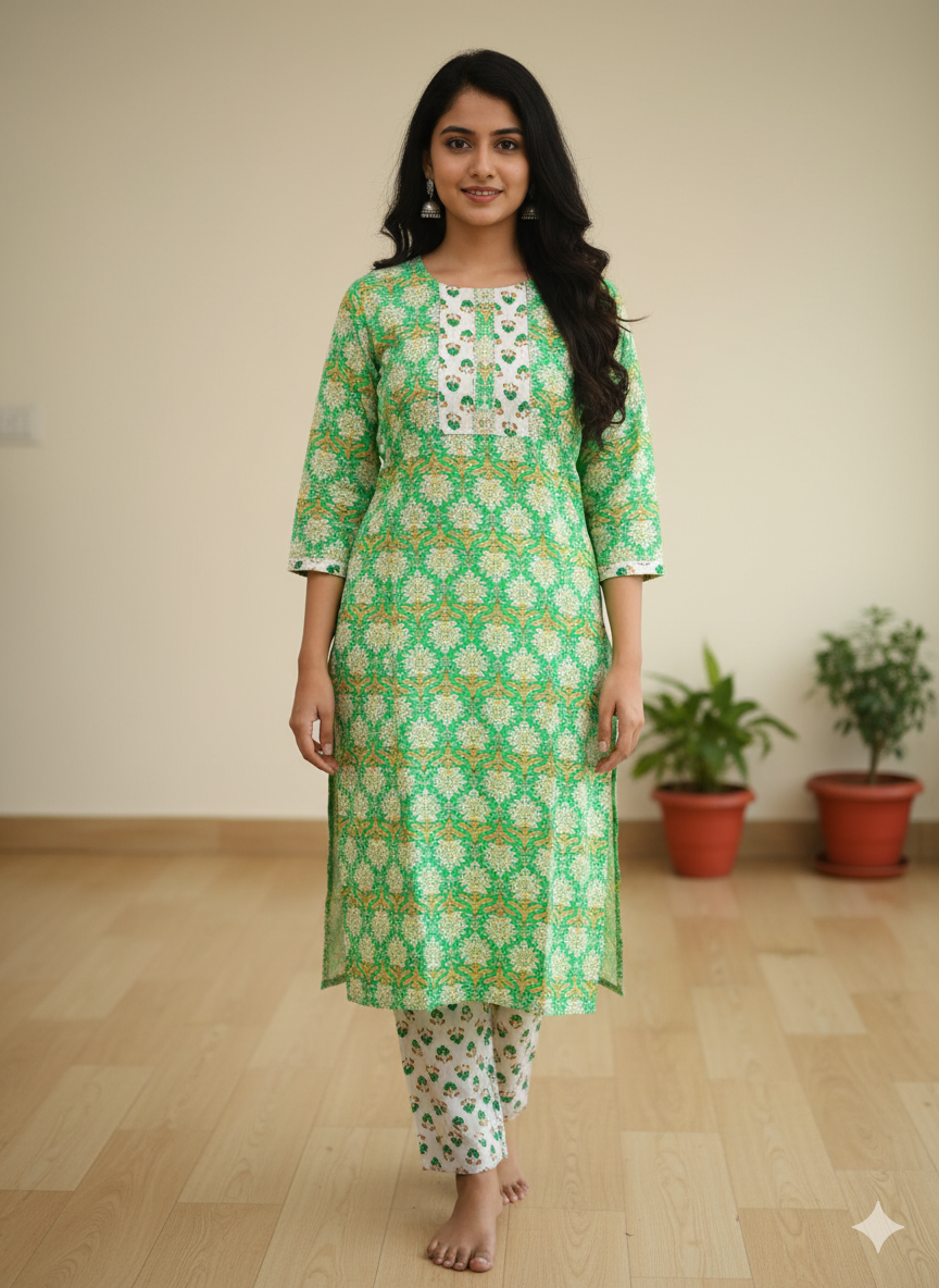 Fusionn Clickbait Green Printed Kurta Pant Co-Ord Set