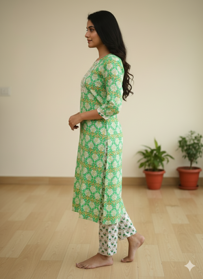 Fusionn Clickbait Green Printed Kurta Pant