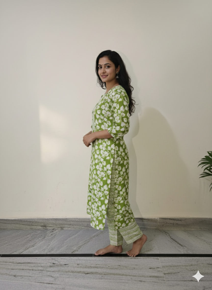 Fusionn Clickbait Light Green Printed Kurta Pant