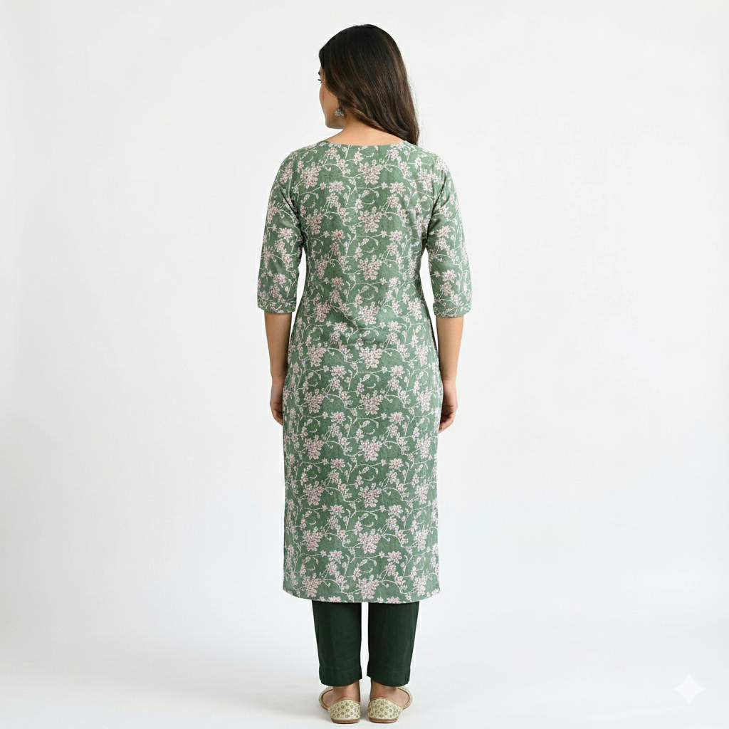 Deep-Green printed straight kurta