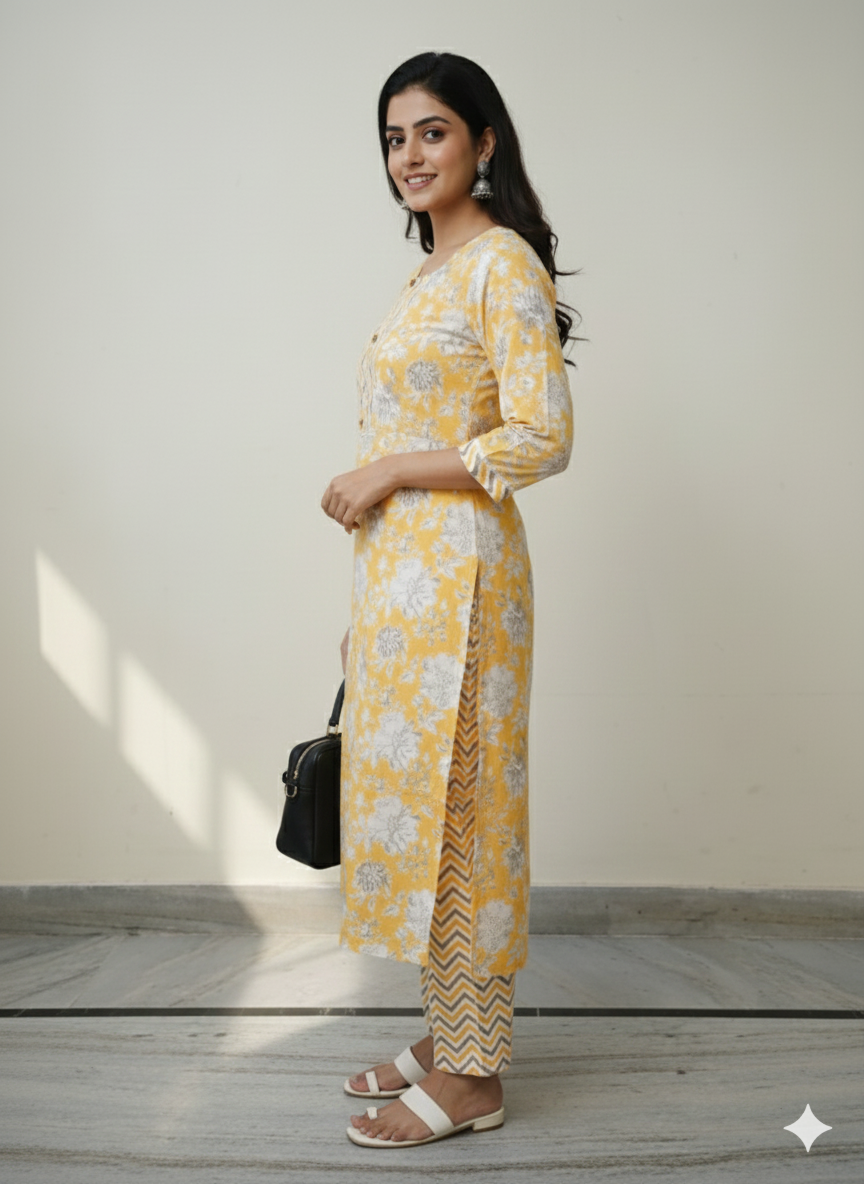 Fusionn Clickbait Yellow Printed Kurta Pant