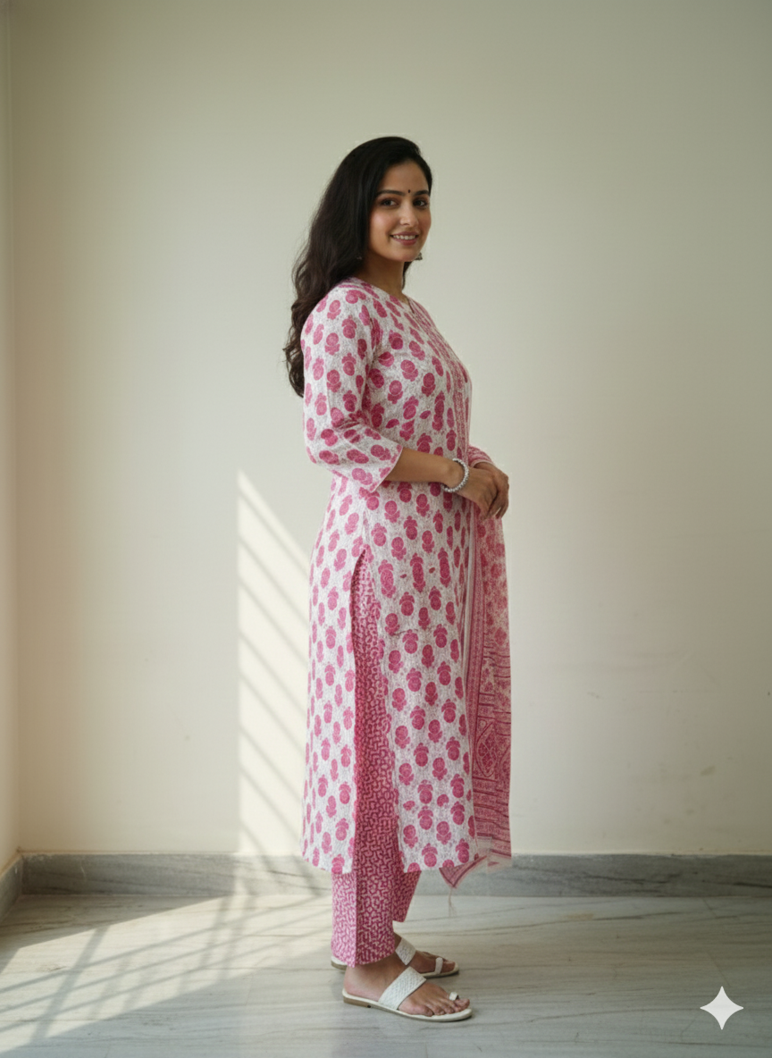 Fusionn Clickbait Printed straight cotton kurta pant Dupatta set