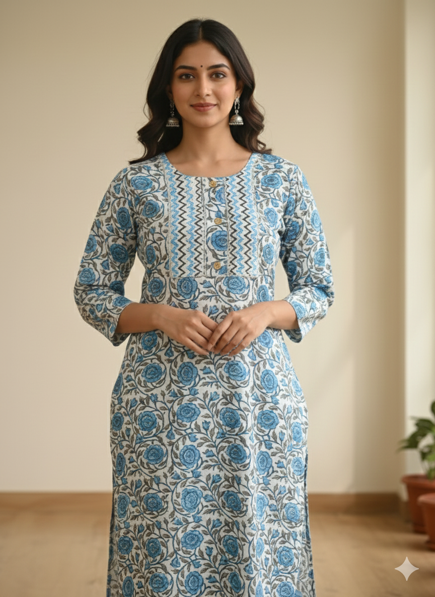 Fusionn Clickbait Blue Printed Kurta Pant
