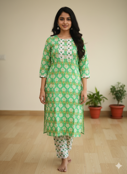 Fusionn Clickbait Green Printed Kurta Pant Co-Ord Set