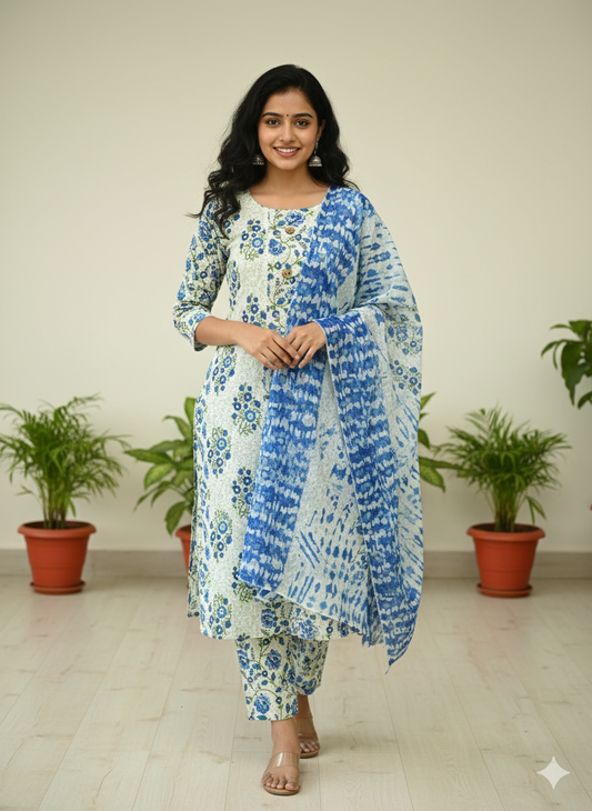 Fusionn Clickbait Printed straight cotton kurta pant Dupatta set