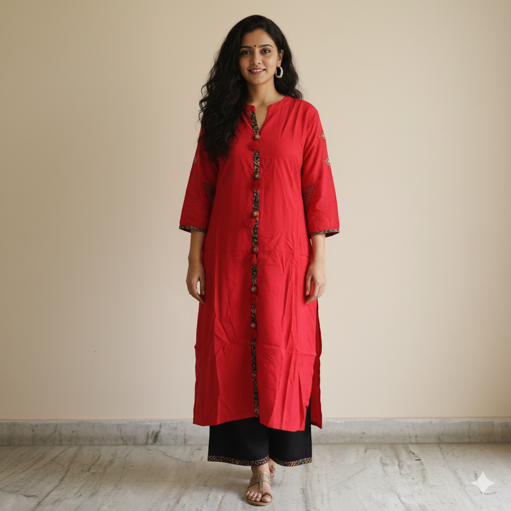 Fusionn Clickbait Women Solid Pure cotton A-Line Kurta (Red, Brown)