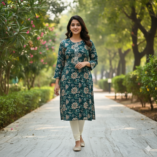 Fusionn clickbait  Printed A-Line Kurti (Green)
