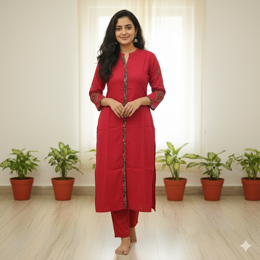 Fusionn clickbait Women Solid Pure cotton A-Line Kurta Red