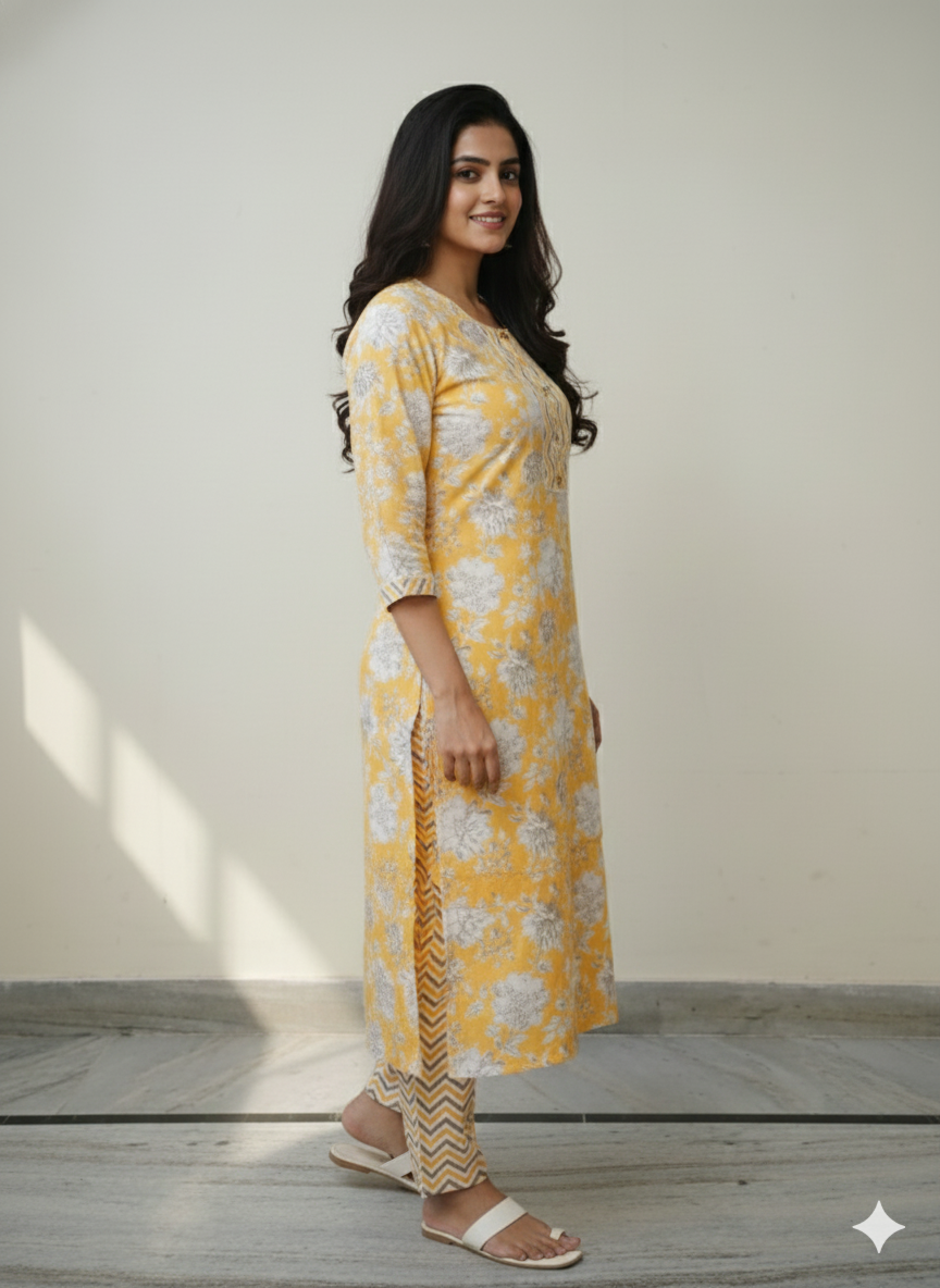 Fusionn Clickbait Yellow Printed Kurta Pant