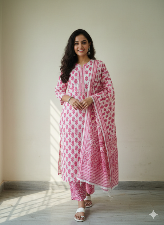 Fusionn Clickbait Printed straight cotton kurta pant Dupatta set