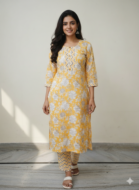 Fusionn Clickbait Yellow Printed Kurta Pant Co-Ord Set