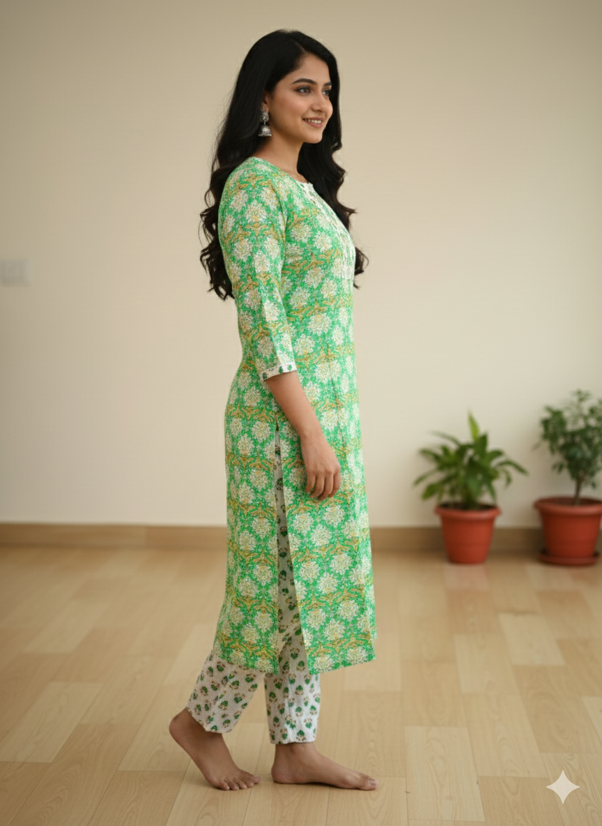 Fusionn Clickbait Green Printed Kurta Pant