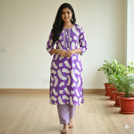 Fusionn Clickbait  Purple Printed Kurta Pant Co-Ord Set