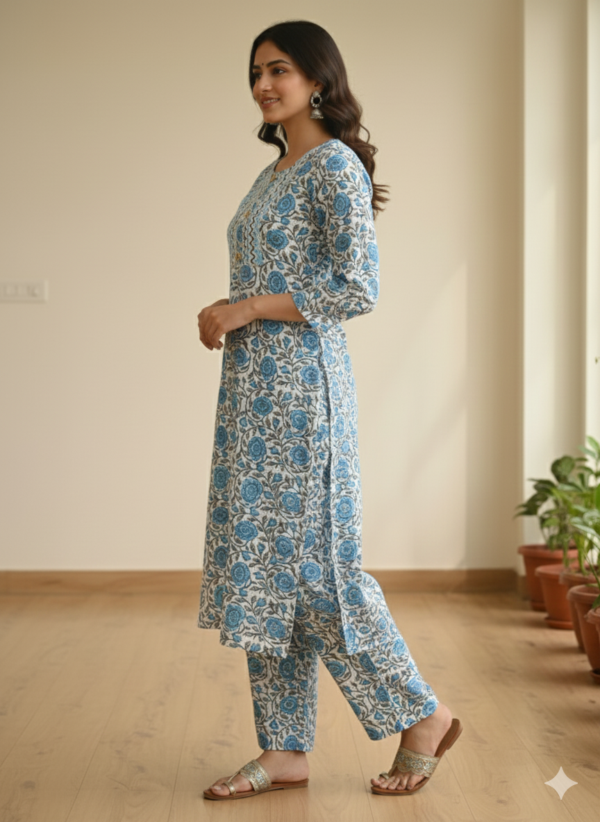 Fusionn Clickbait Blue Printed Kurta Pant
