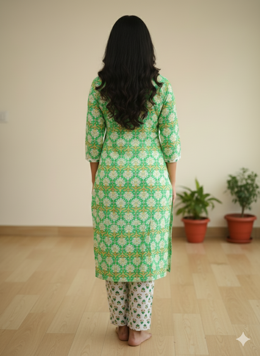 Fusionn Clickbait Green Printed Kurta Pant