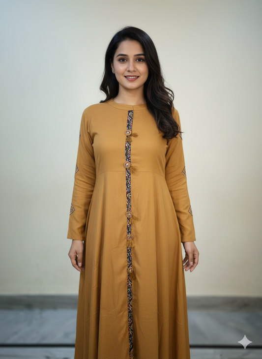 Fusionn Clickbait Women Solid Pure cotton A-Line Kurta (Red, Brown)
