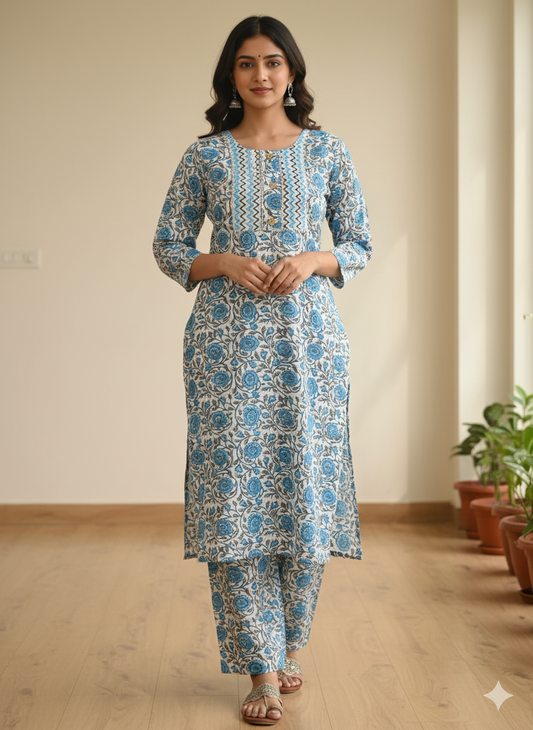 Fusionn Clickbait Blue Printed Kurta Pant Co-Ord Set