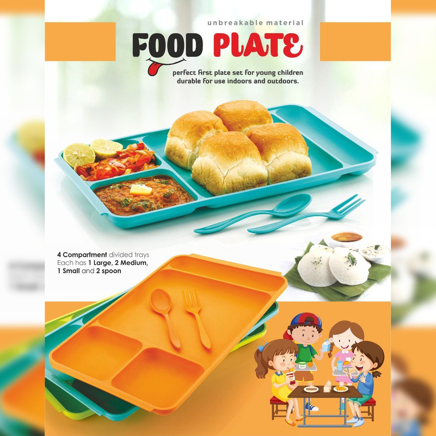 4 compartment Dish With Spoon And Fork Dinner Plate